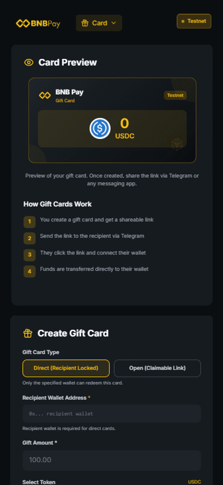 The BNBPay gift card screen on a phone, showing a USDC card preview and the four steps of sending a card by shareable link.